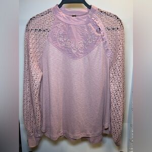 Free People Long Sleeve Pink Lace Top